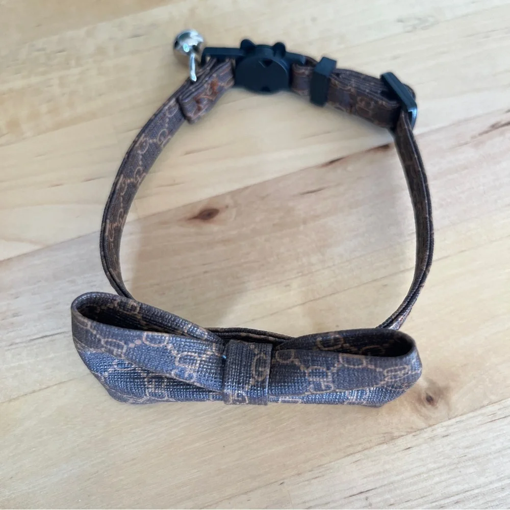 Cat Collar Lux Vegan Leather Bow Necklace Pet Brown Tan Bowtie